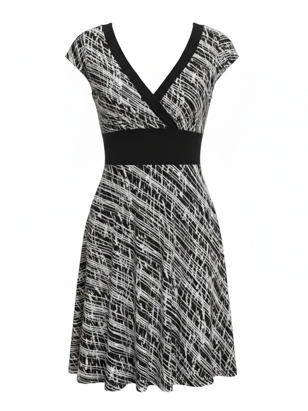 White House Black Market Black & White V-Neck Fit-and-Flare Dress XSmall